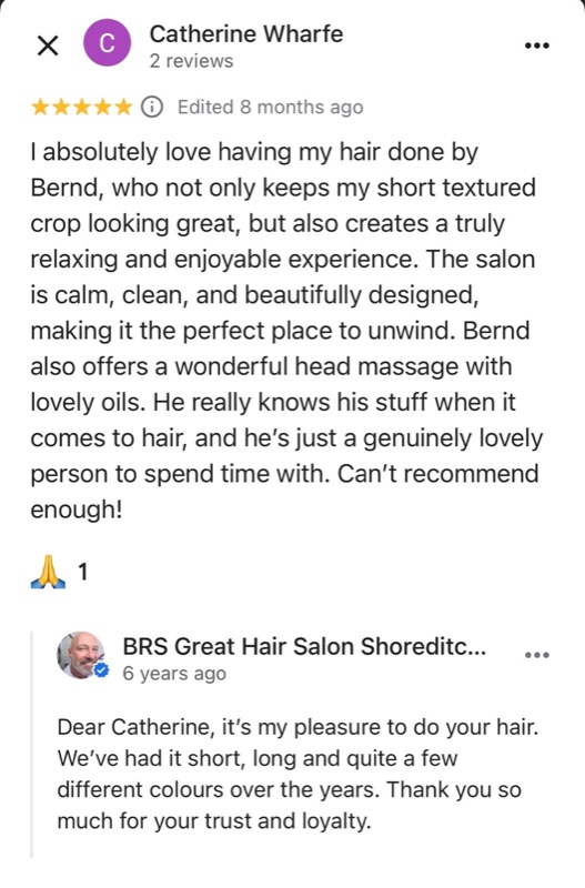 5-star Google review from Catherine Wharfe: 'I absolutely love having my hair done by Bernd — keeps my short textured crop looking great and creates a truly relaxing experience.'