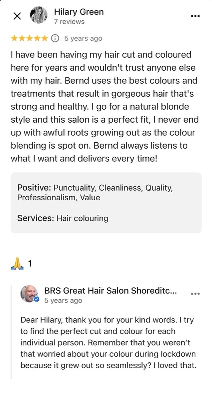 5-star Google review from Hilary Green: 'I have been having my hair cut and coloured here for years and wouldn't trust anyone else. The colour blending is spot on.'