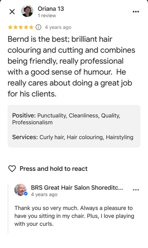 5-star Google review from Oriana: 'Bernd is the best — brilliant hair colouring and cutting, friendly, really professional with a good sense of humour. He really cares about doing a great job.'